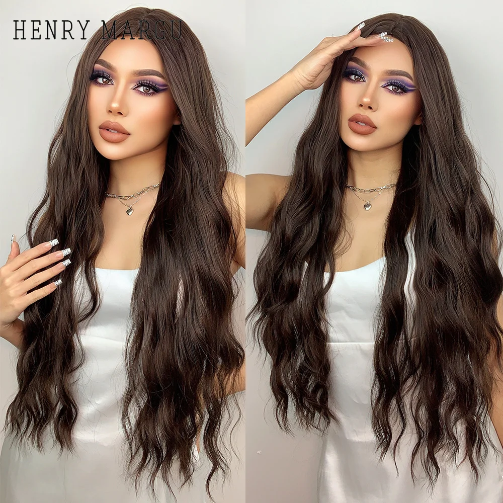 HENRY MARGU Long Brown Wavy Synthetic Wigs Middle Part Natural  Curly Wig for Black Women Cosplay Daily Heat Resistant Fake Hair