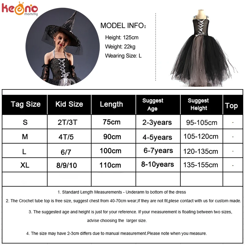 Girls Gothic Halloween Ghost Witch Costume Flare Sleeve Kids Gown Robe Tutu Dress with Witch Hat for Purim Carnival Party