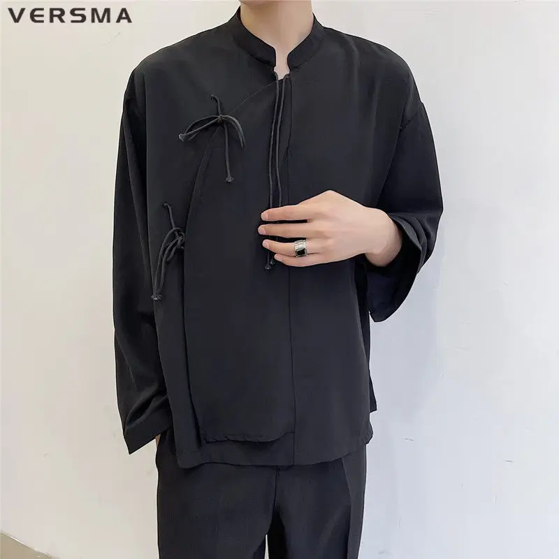 

VERSMA Chinese Style Mandarin Collar Baroque Shirt Blouse Men Korean Retro Ribbon Patchwork Personalized Shirt Male Dropshipping