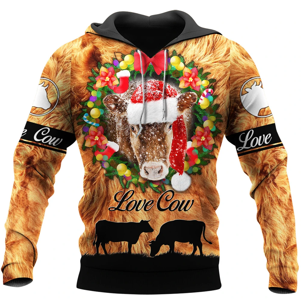 

New Fashion Men's Hoodie Cute Cow Christmas 3D Printing Unisex Zipper Hoodie Harajuku Street Casual Sweatshirt DYI307