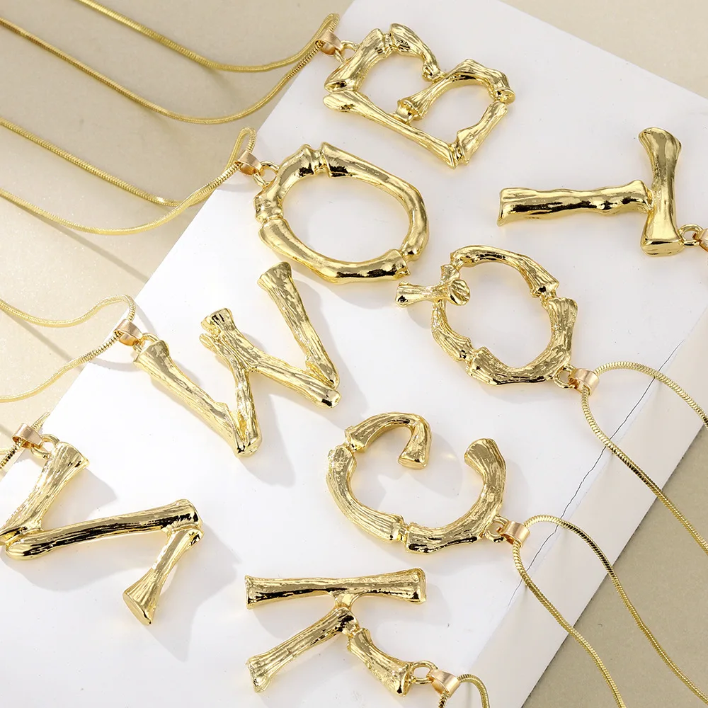 Big Gold Plated Metal Bamboo 26 Letter Necklaces for Women Initial Alphabet Pendant Necklace Fashion Link Chain Jewelry Gifts