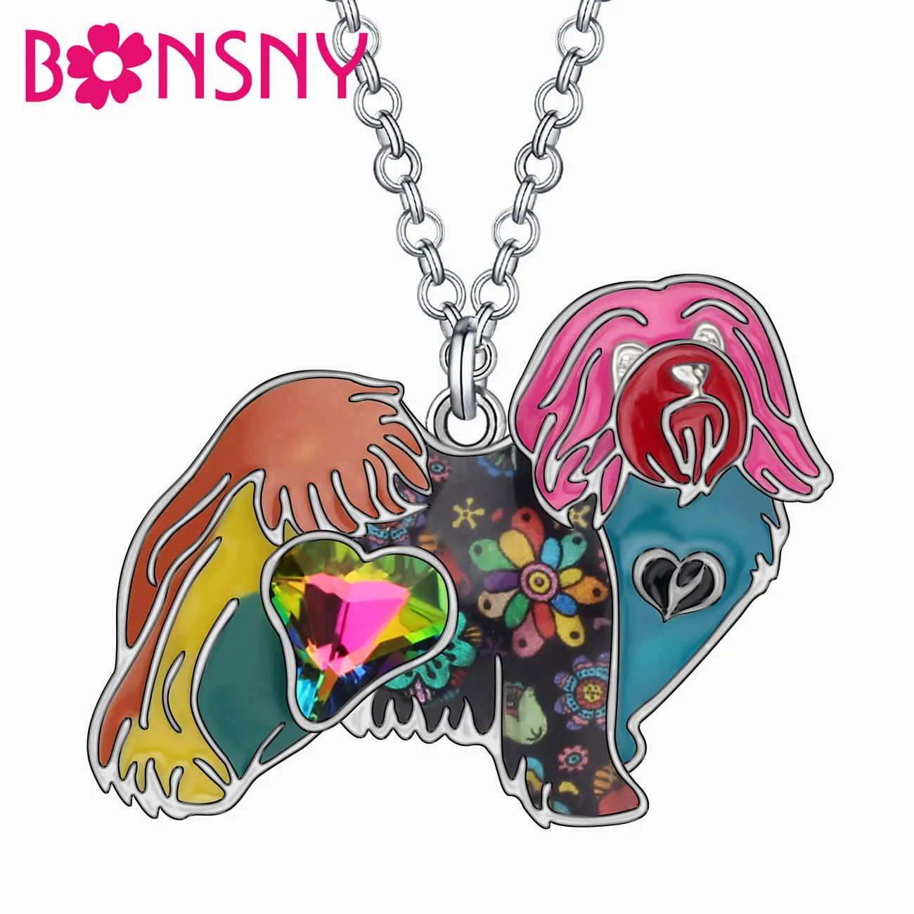 Bonsny Floral Enamel Alloy Standing Havanese Dog Necklace Pet Animal Pendant Jewelry For Women Kid Girl Fashion Gift Accessories