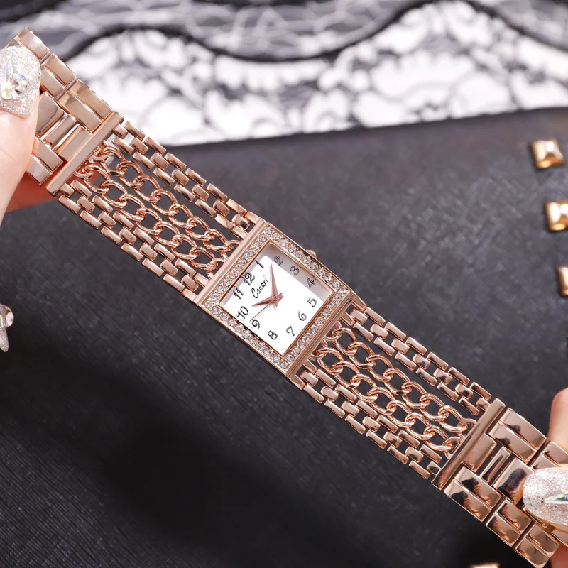 K Ins Vintage Women\'s Square Watch  Gold Chain Watch  Alloy Rhinestone Quartz Watch Jewelry