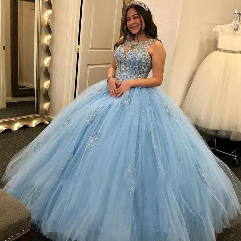 Vestidos de princesa azul cielo claro para quinceañera, vestidos transparentes con cuentas principales, vestidos de fiesta de graduación para dulce 15, 2020