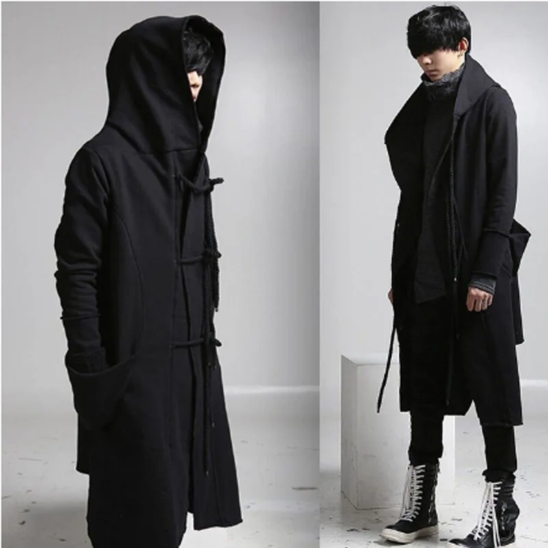 

Men's coat autumn winter mid-length hoodie men's casual cape coat nightclub stage costume large size hip-hop windbreaker black