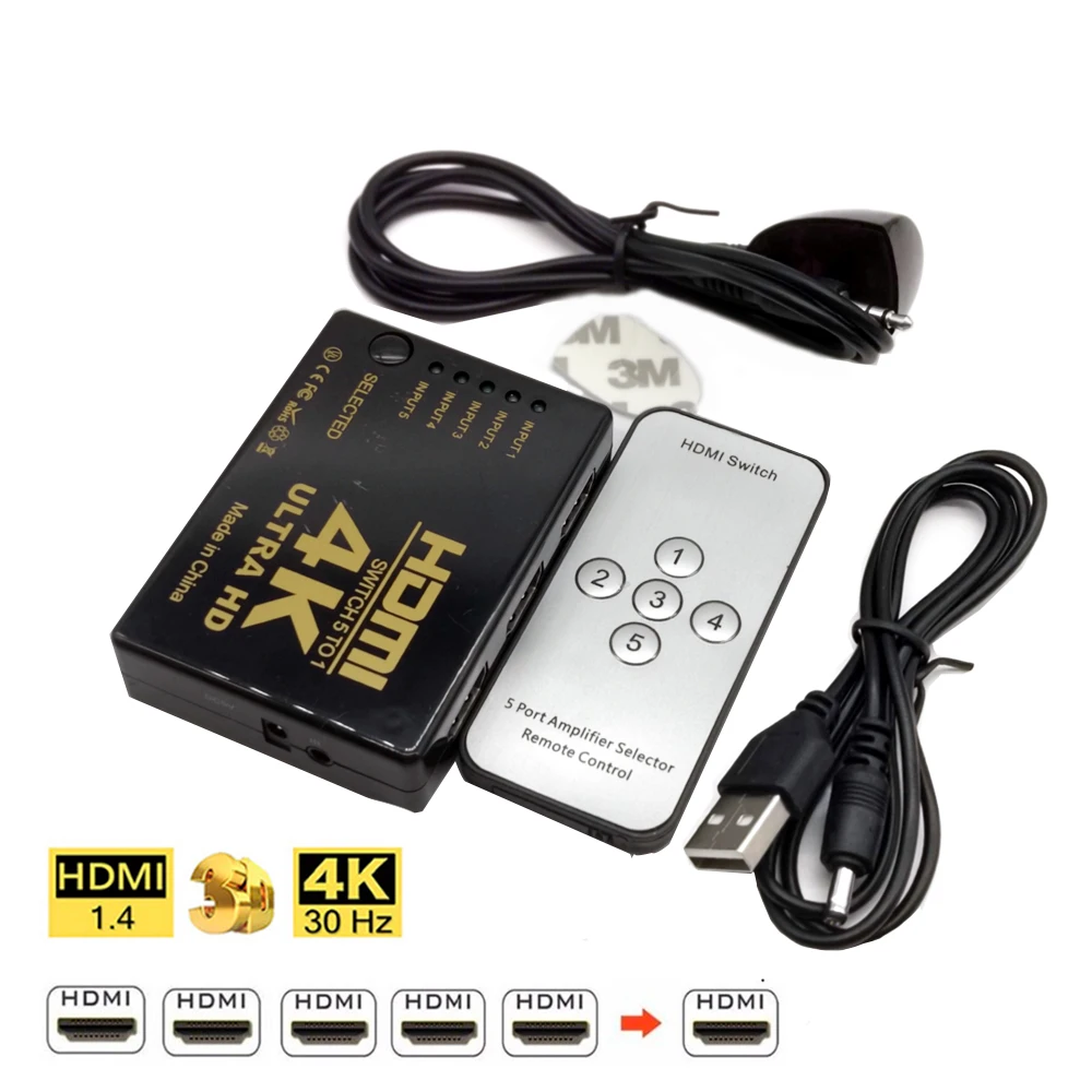 HD 4K*2K HDMI-compatible Switcher 1x5 Port 5 input in to 1 Switch Selector Splitter Hub With IR Remote 3D for PS3 Xbox 360