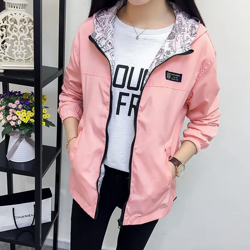 Two Side Wear Spring Autumn Fashion Women Bomber Jacket Pocket Zipper Hooded Outwear Loose Plus Size Windbreaker Famale S-3XL