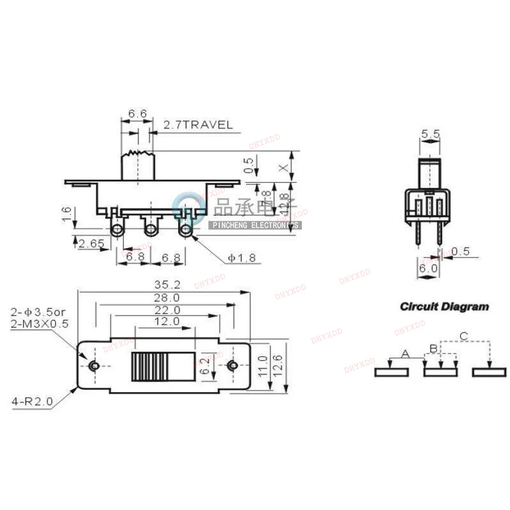 5pcs SS-23F19 (2P3T) Handle Height 5mm 8mm 9mm 3 Gear Car Refrigerator Large Current Toggle Slide DIP Wwitch 6 Feet 3A