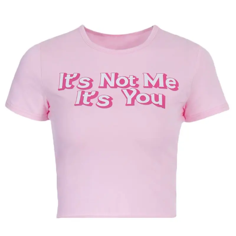 Women Short Sleeve Slim T-Shirt Its Not Me Its You Letters Pink Kawaii Crop Top A0NF