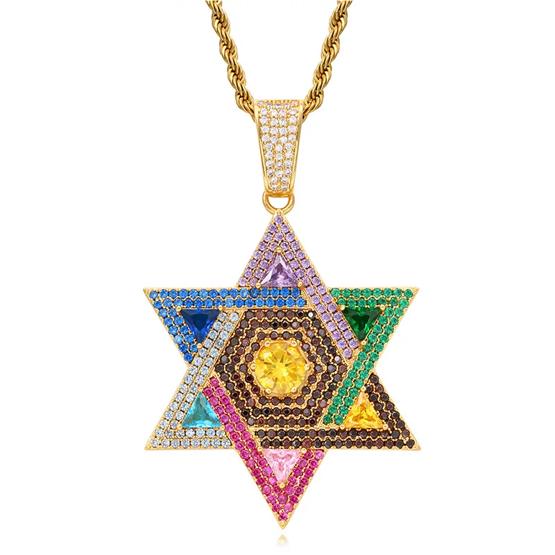 

Hip Hop Micro Paved AAA CZ Stone Bling Ice Out Multicolour Star of David Hexagram Pendants Necklace for Men Rapper Jewelry