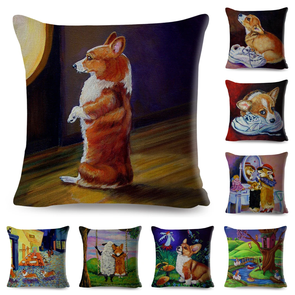 Oil Painting Welsh Corgi Pembroke Cushion Cover Decor Colorful Cartoon Pet Dog Pillow Case for Sofa Children's Room Pillowcase