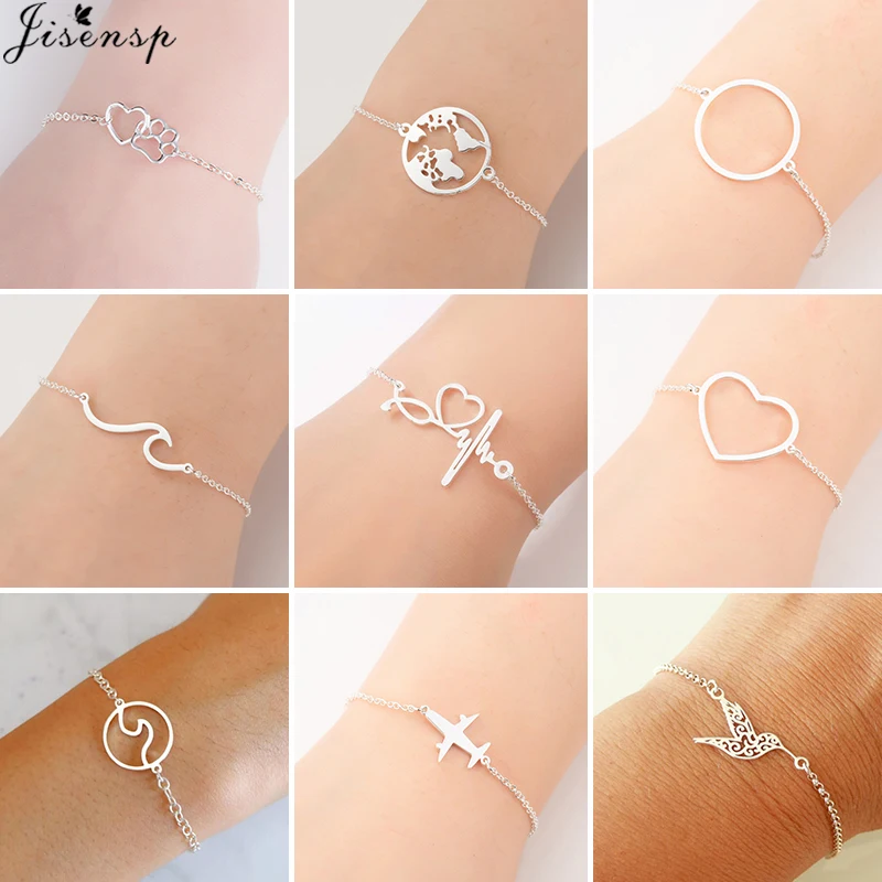 Fashion Stainless Steel Bracelets for Women Adjustable Chain Charm Bracelet Simple World Map Heart Paw Bangles Friendship Gift