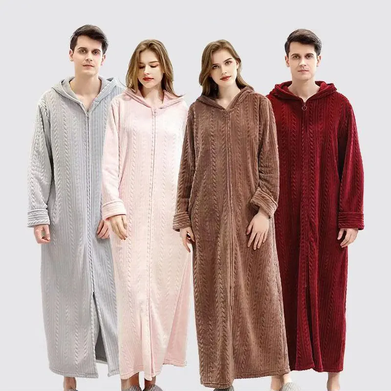 40-100kg Women Winter Plus Size Long Warm Flannel Hooded Bathrobe Men Sleepwear Pregnant Zipper Night Dressing Gown