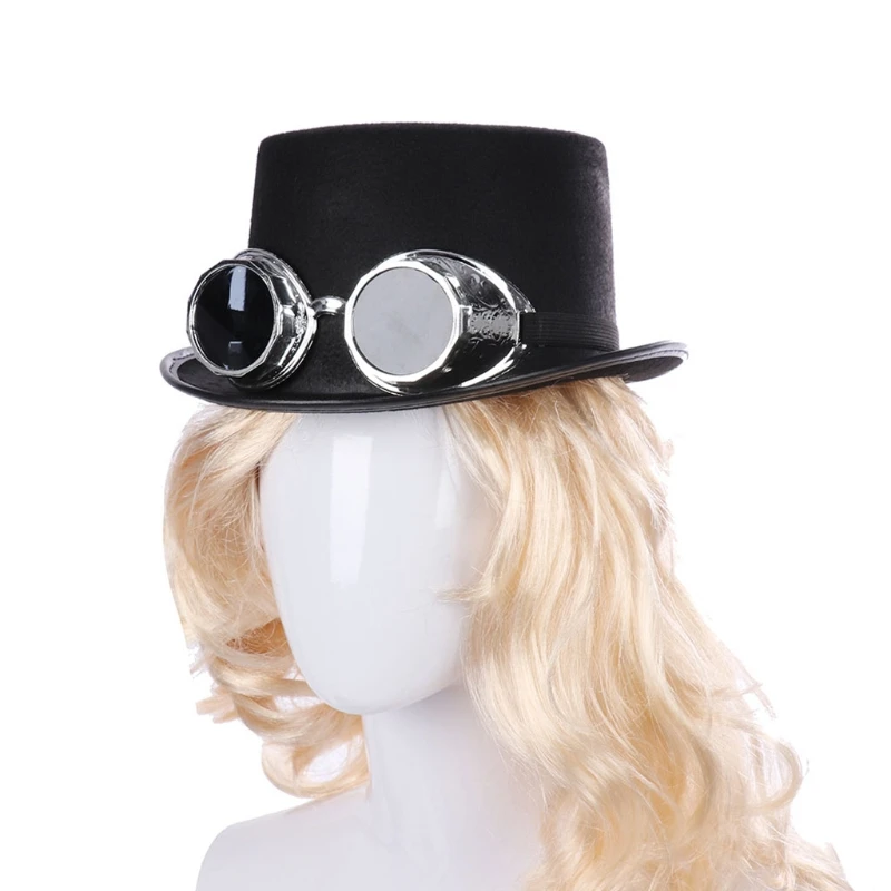 Victorian Steampunk Gothic Top Hat with Detachable Goggles Bowler Jazz Cap Halloween Cosplay Carnival Costume Accessory