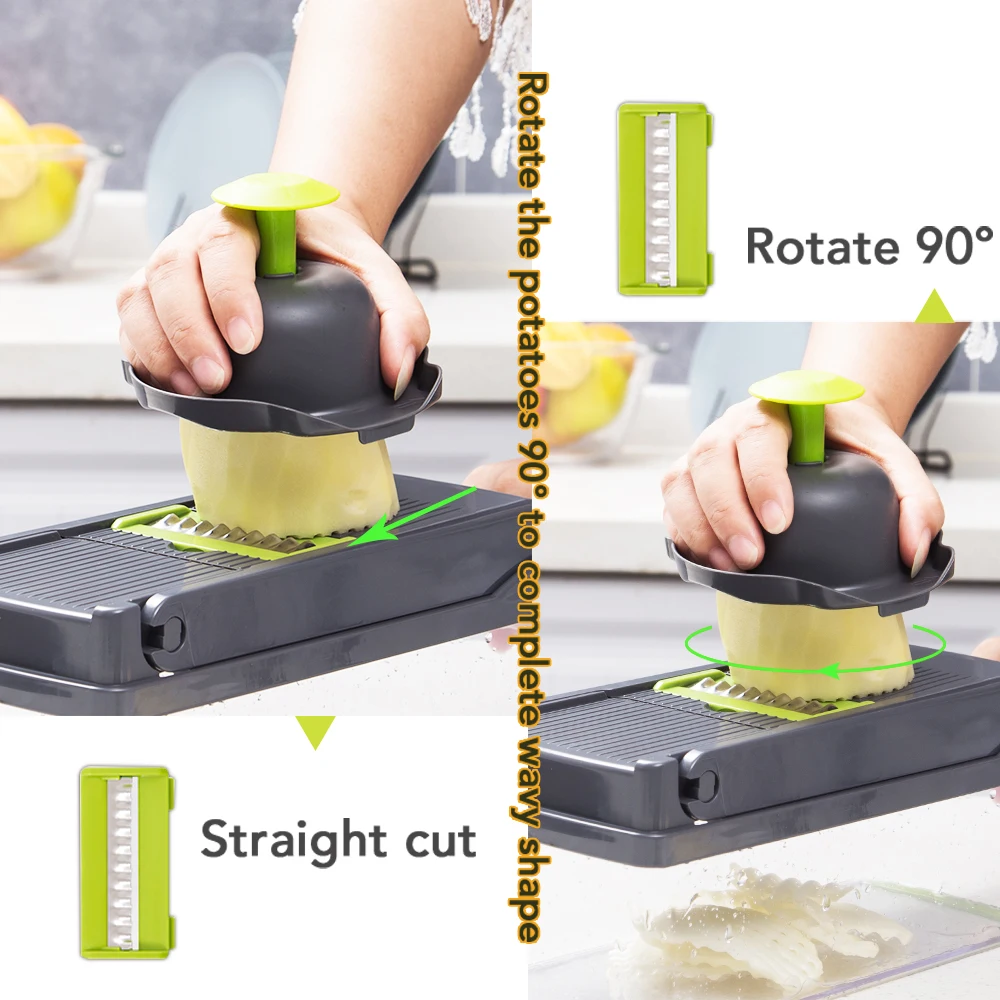 Multifunctional Vegetable Cutter & Slicer Carrot Potato Grater Onion Chopper 9 in 1 with Drain Basket Kitchen Fruit Food Gadgets