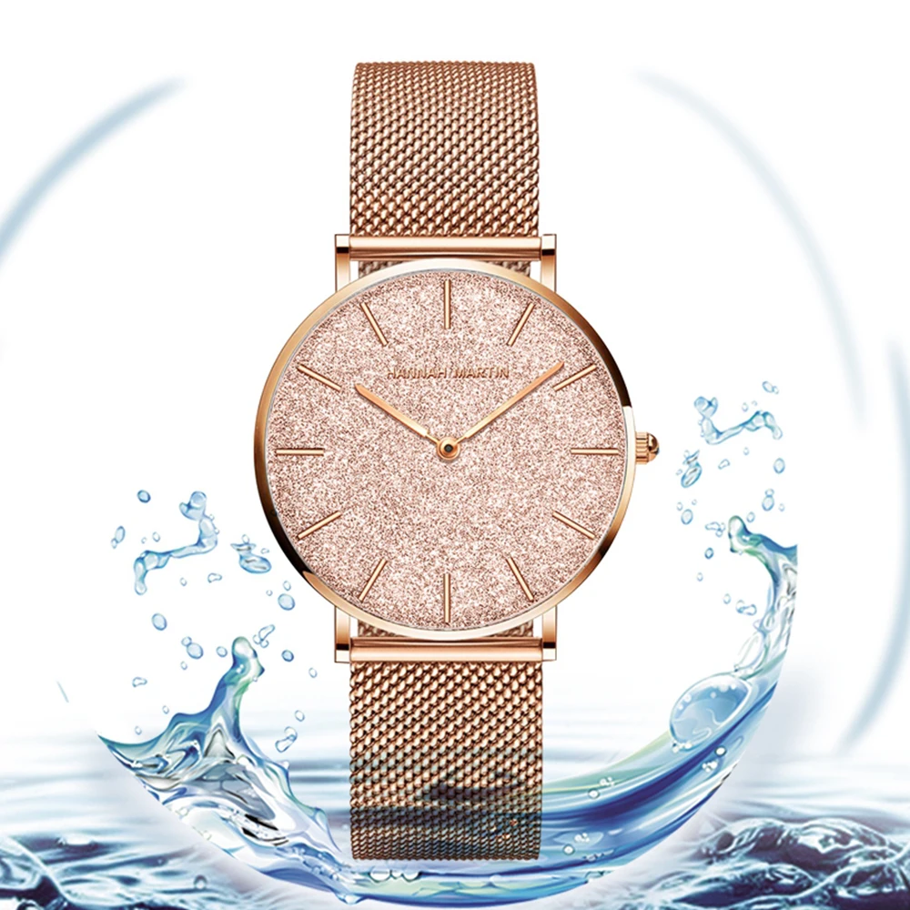 Hannah Martin NEW Classic Design Women Full Rose Gold Stainless Steel Mesh Female Japan Quartz Casual Waterproof Ladies Watches
