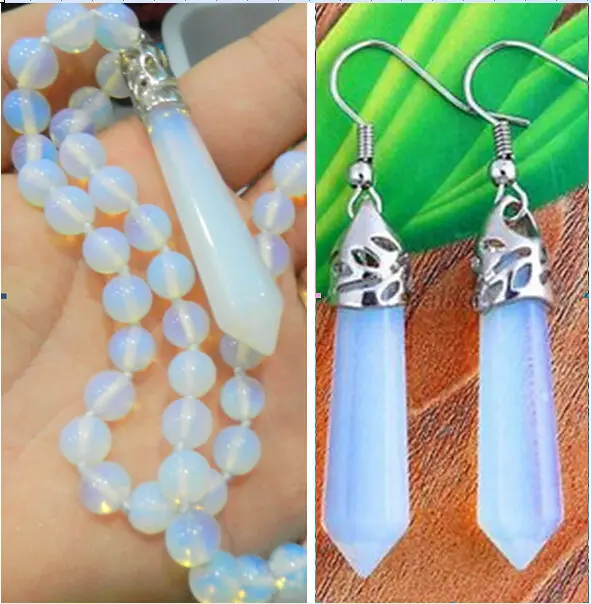 

Hexagonal Gemstone Healing Chakra Reiki Opal Opalite Necklace + earrings 18"