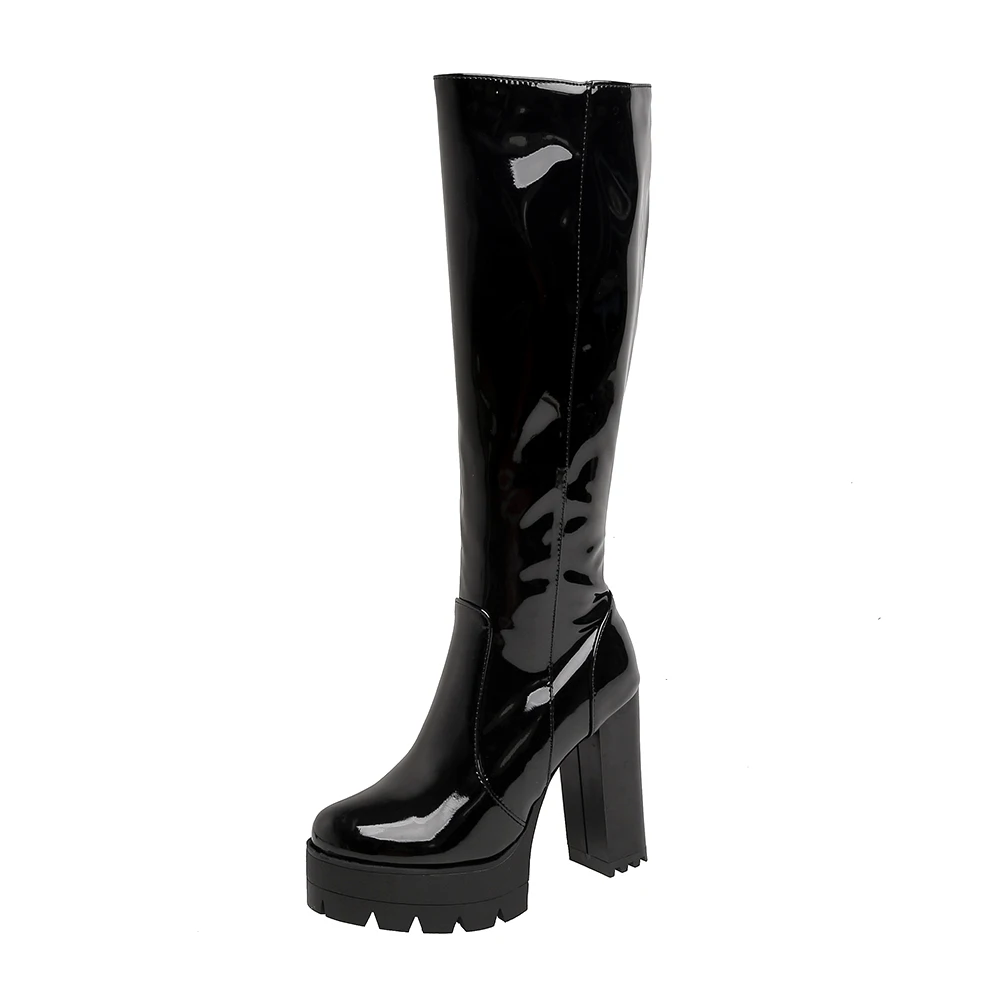 2020 New Super High Heel Waterproof Platform Knight Boots! Red High Block Heel Patent Leather Platform Knee Boots Short Plush