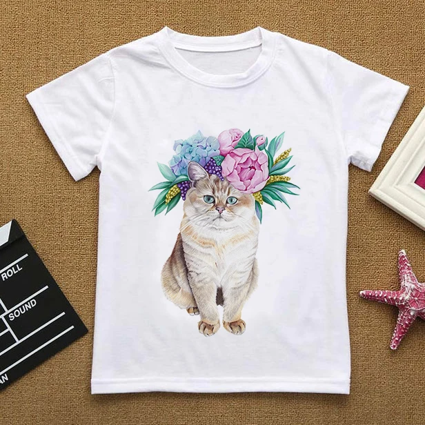 Blumen Sommer Kleidung Liebe Sie Katze CartoonsTShirt Baby Dinge Für Mädchen Kleidung Für Jungen T Shirt Kinder Junge Weiße Kurze hülse Top