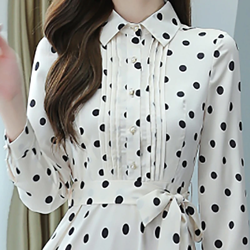 Spring Autumn Oversize Office Lady Shirt Dress Women Bodycon Party Maxi Vestido 2024 Vintage White Dot Chiffon Casual Midi Dress