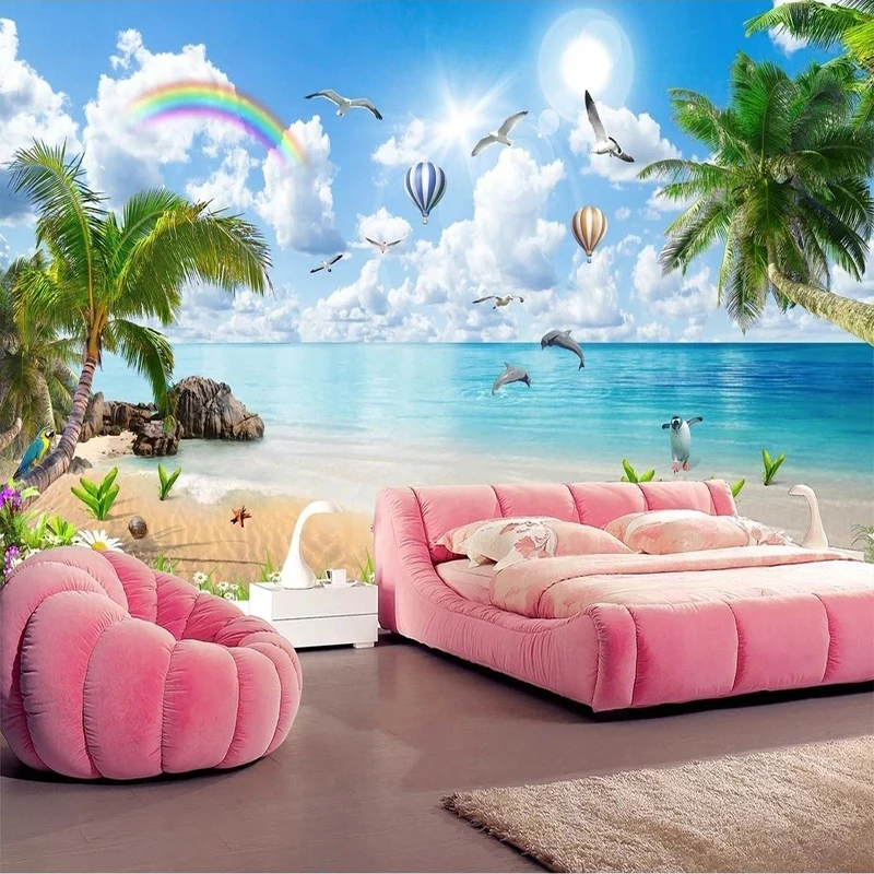 Foto Mural de pared HD paisaje marino pintura de árbol de coco 3D Fresco Laege tela de pared sala de estar dormitorio Fondo papel tapiz