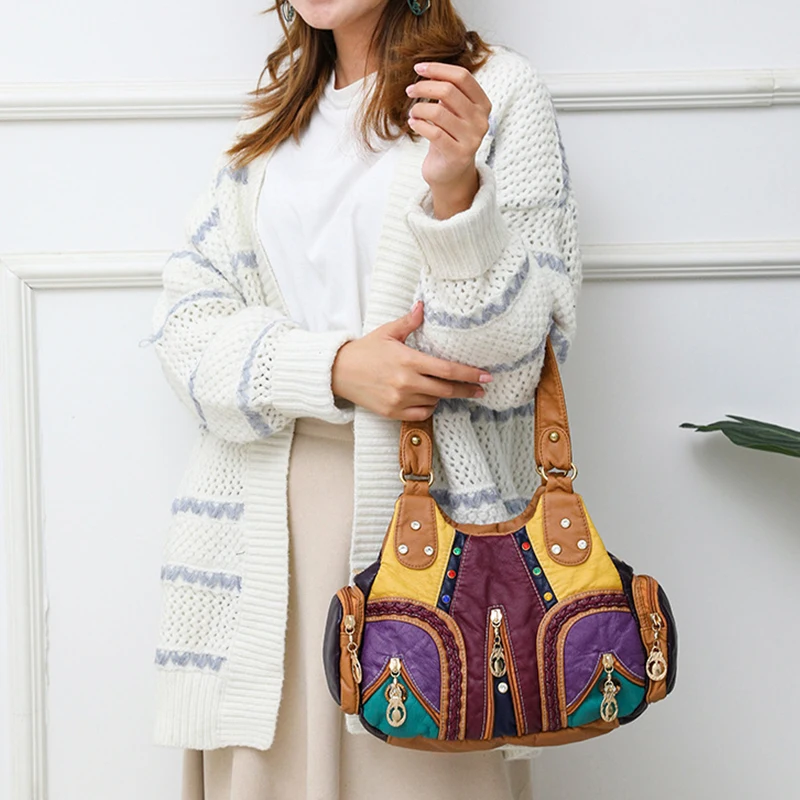 Yogodlns Vintage Weiche PU Leder Schulter Tasche Frauen Große Kapazität Handtasche Mode Umhängetasche Nähte Farbe Griff Tasche sac – Detail 10
