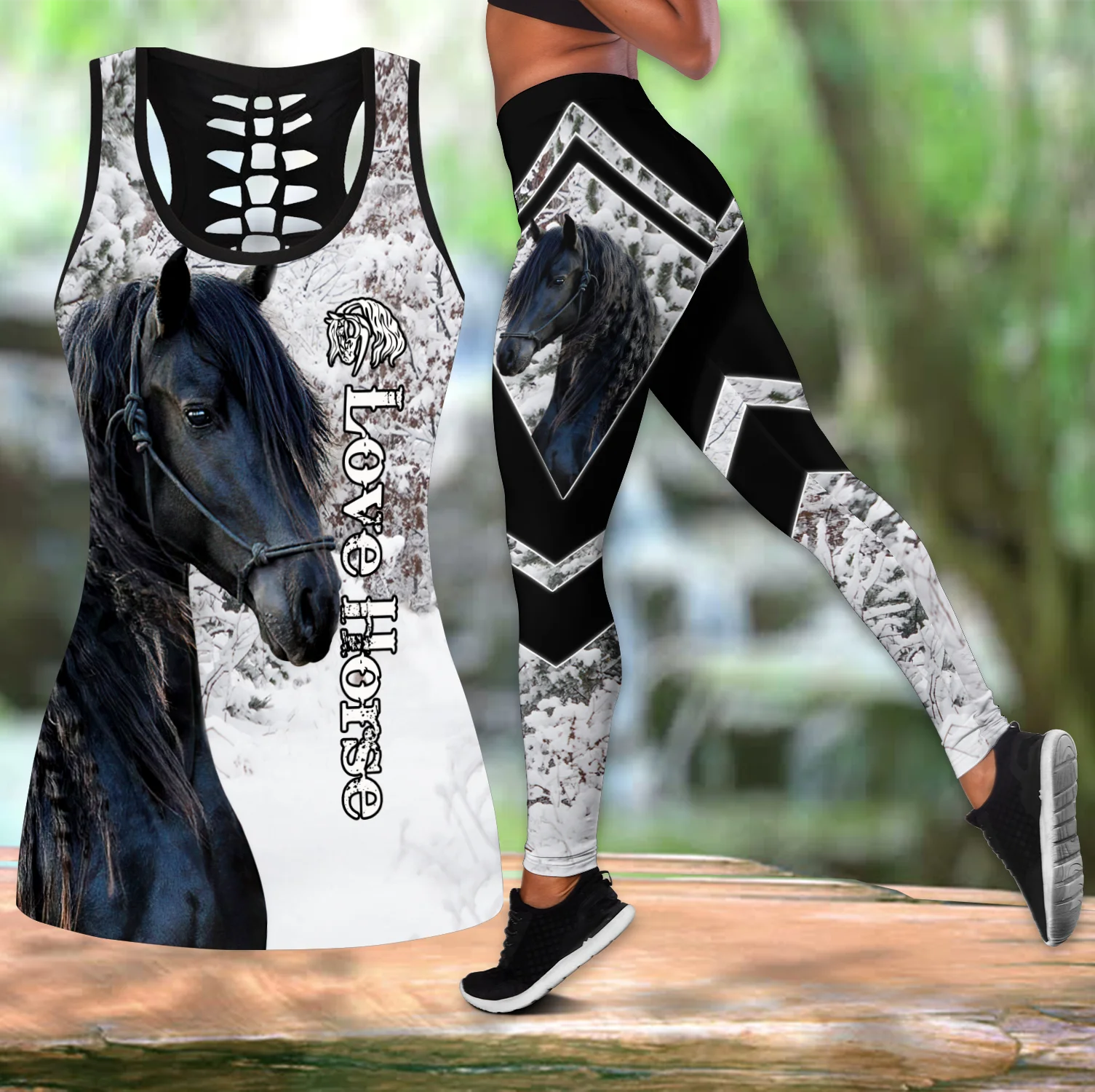 Beautiful Love Horse 3D All Over Printed Hollow Tank Top & Leggings Set Fitness Female Full Length Leggings Running Pants DDK76