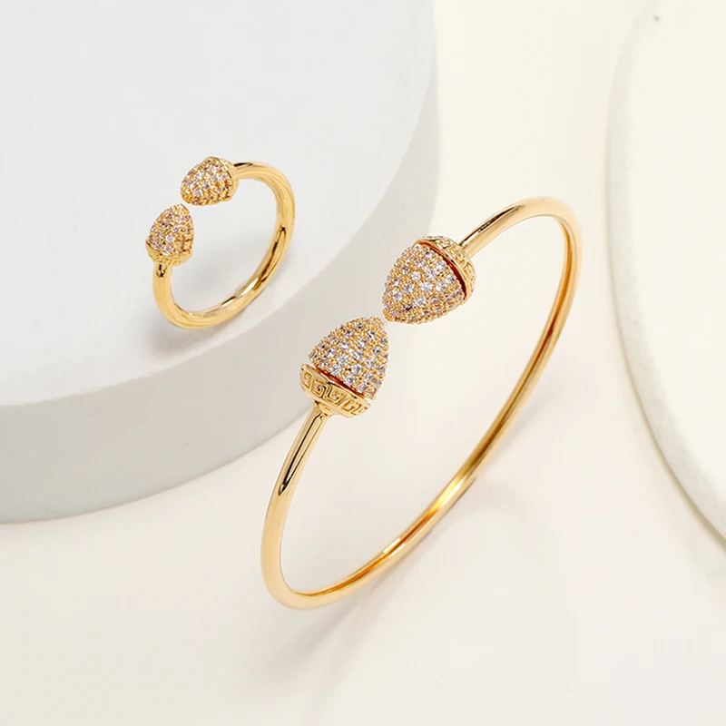 

Fashion Dubai Gold Color Jewelry Sets Cubic Zircon Round Bangle Ring Earrings Set Wedding Gift African Nigeria Jewelry for Women