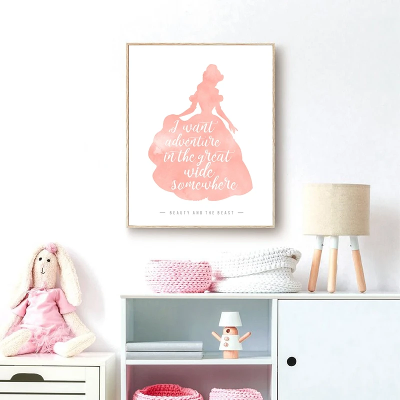 Pink Baby Girl\'s Room Decor Princess Castle Silhouette Fairy Posters & Prints Watercolor Art Picture Canvas Painting Decoration