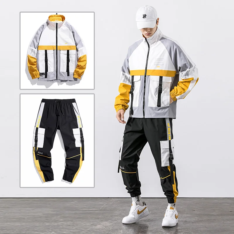 Nice Hip Hop Workwear Jacket Mens Tracksuit Jacket+Pants 2PC Sets Baseball Loose Zipper Ribbons Coat & Long Pants Mens Clothes