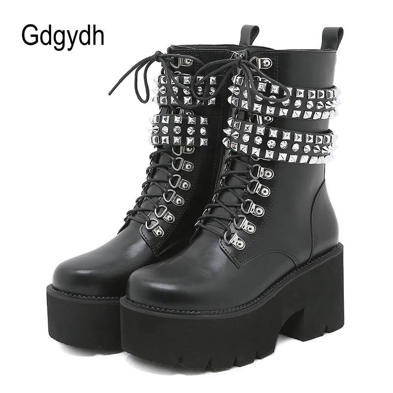 Gdgydh High Chunky Heels Boots Goth Rivets Ankle Strap Platform Boots Female Girlfriend Black Leather Mid Calf Boots Womens