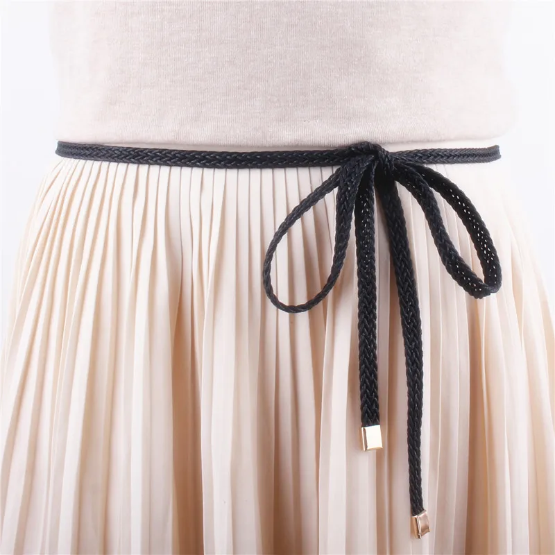 Girls Vintage Brown Thin Belts For Women Dress Knitted Woven Braided Strap Belt Waist Knotted Rope Luxury Fashion Ladies