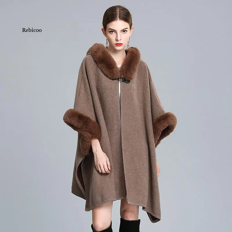 Women New Winter Faux Rabbit Fur Hooded Cape Turn Down Collar Wool Blend Poncho Loose Thick Cardigan Cloak Batwing Coat