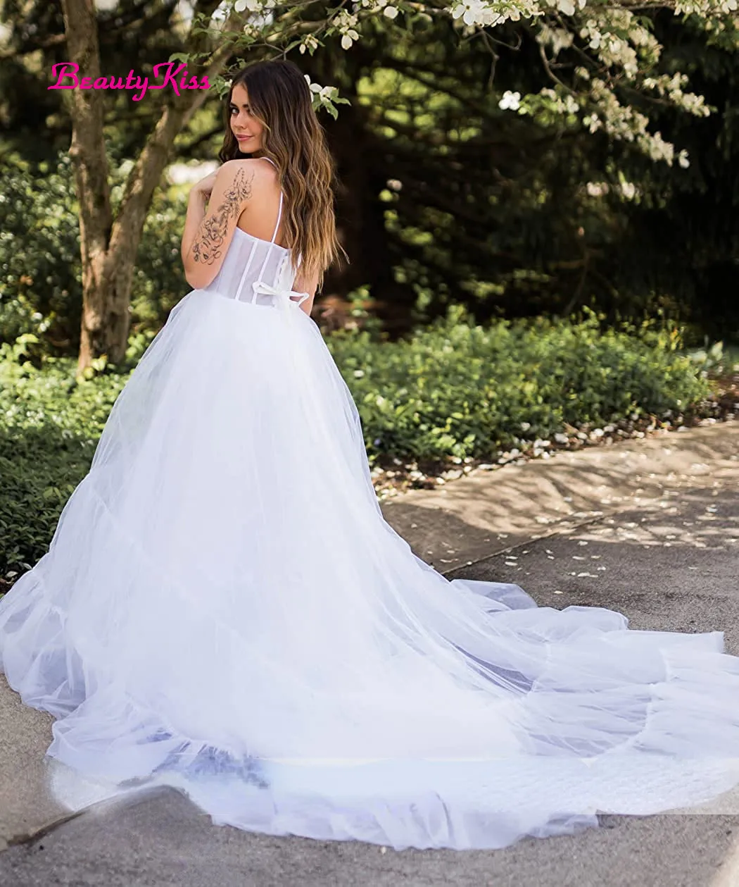 Vestido de novia de tul con tirantes finos, ropa de novia Sexy, larga, sin mangas, corsé, corpiño