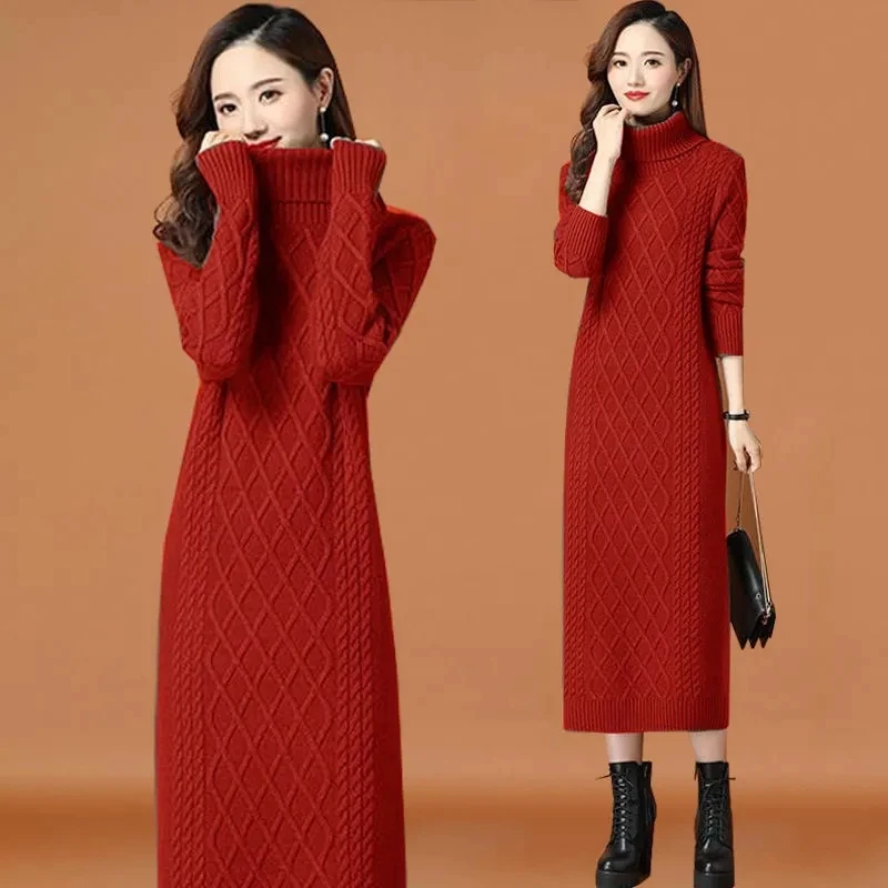 Female High Neck Long Sweater Women Thickened Autumn Winter 2021 New Loose Outer Wear Twist Base Skirt Over-the-knee Dress Women