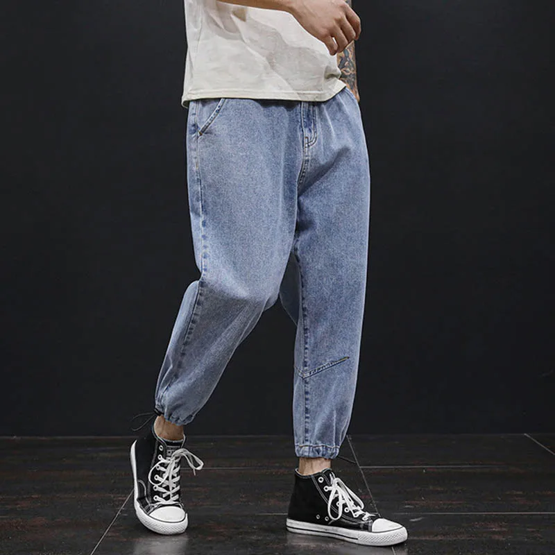 Large size jeans men's loose pants 70-150KG men's trendy summer men's pants nine-point cut-off old daddy pants 9 colors