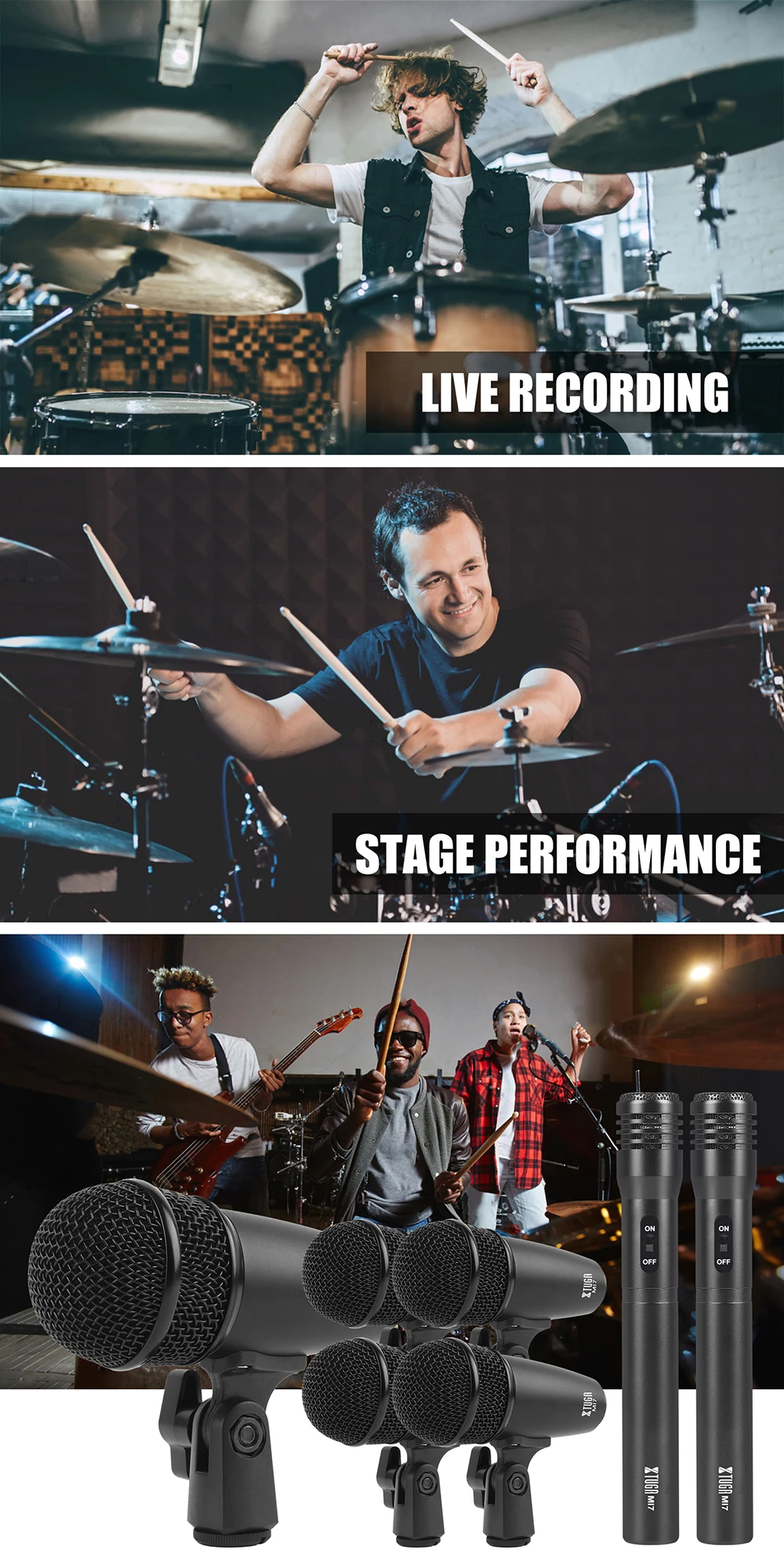 XTUGA MI7CH 7-częściowy przewodowy zestaw mikrofonów dynamicznych do perkusji (cały metal) - zestaw mikrofonów do basu, tomów/perkusji i talerzy - do perkusji