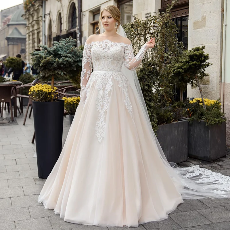 Gaun pernikahan lengan panjang leher perahu A-Line gaun pengantin Tulle applique renda gaun pengantin ukuran Plus kancing belakang Sweep Vestidos De Novia