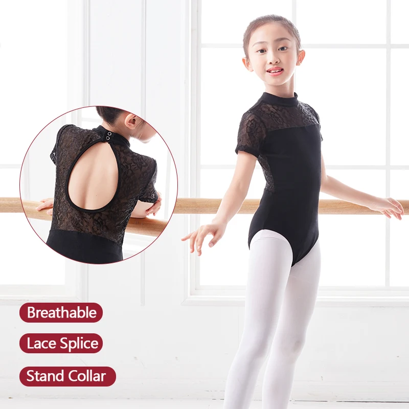 Girls Kids Dance Leotard Child Ballet Costume Lace Stand Collar Skate Gymnastics Bodysuit Backless Leotard Short Sleeve Swimsuit