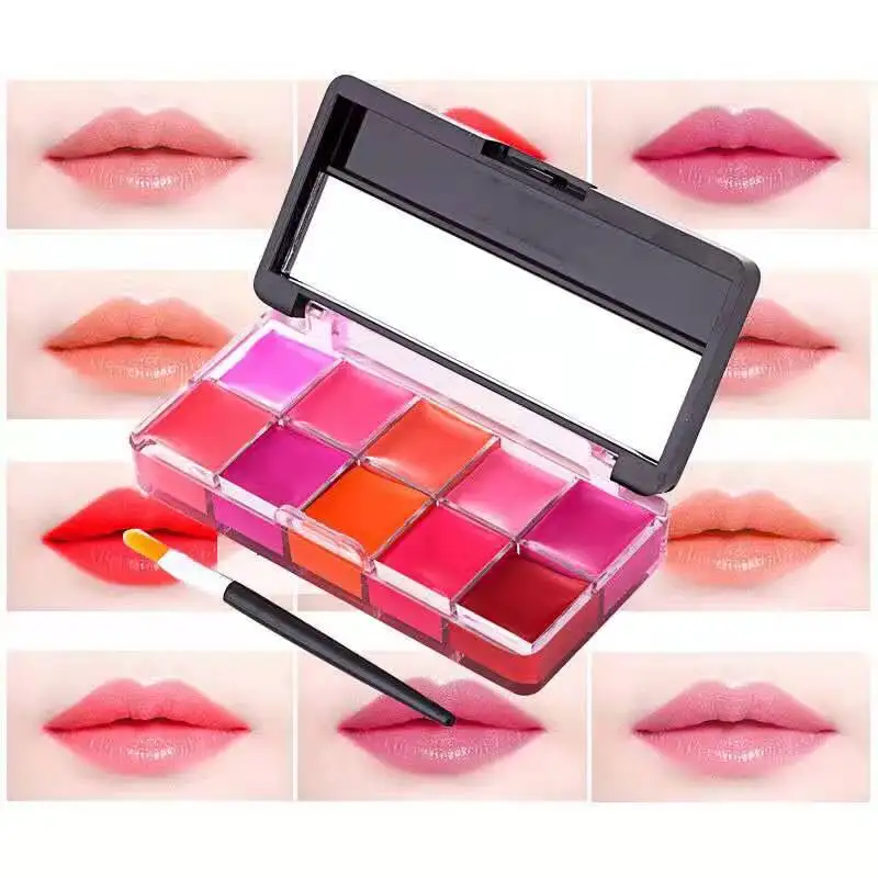 10Colors Lip Gloss Palette Comestic Plate With Brush Long Lasting Makeup Glitter Moisture Lipstick