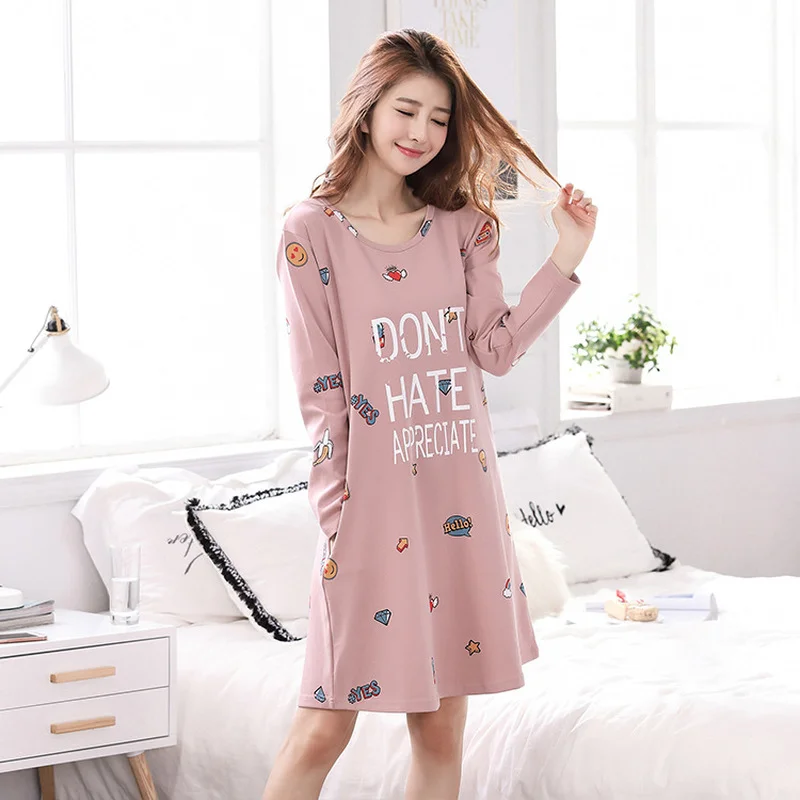 Ladies sweet autumn new home clothes cotton long-sleeved cartoon nightdress casual nightdress cute nightdress cool breathable