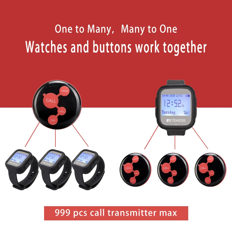 Imagem -04 - Retekess Restaurante Pager Sistema de Chamada sem Fio Peças Td106 à Prova Impermeável Água Relógio Receptor Mais 15 Peças Td010 Botão Chamada para Clínica Café