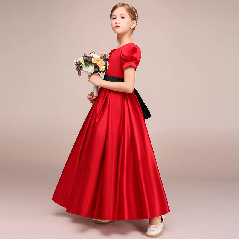 Robe de soirée en satin à manches courtes pour enfants, robes de demoiselle d'honneur vintage, fête d'anniversaire, tout ce qui est rouge, qualité