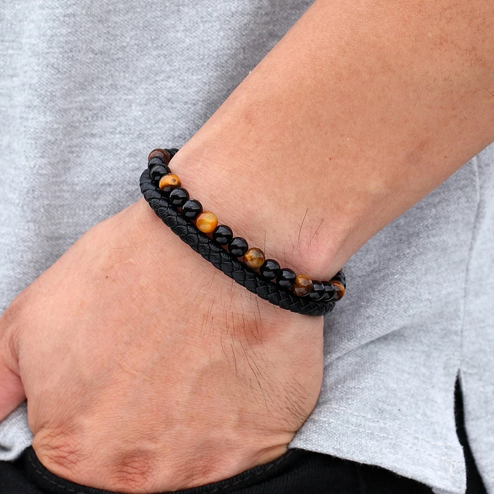 TYO New Arrival Men Bracelet Natural Stone Beads Double Layer Leather Bracelet Stainless Steel Magnetic Clasp Bangle Jewelry
