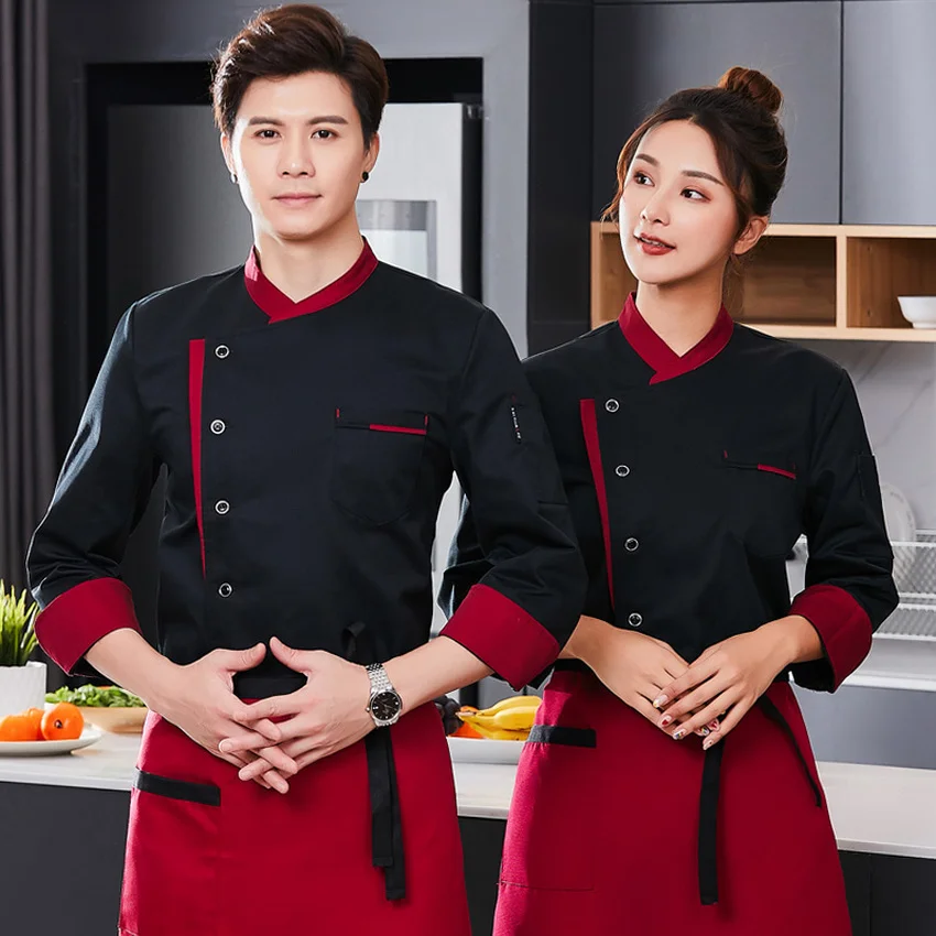 Unisex Chef-Uniform für Frauen Kellner Restaurant Kurze Lange Hülse Hemd Küche Baker Jacke Hut Schürze Kochen Arbeit Kleidung Männer