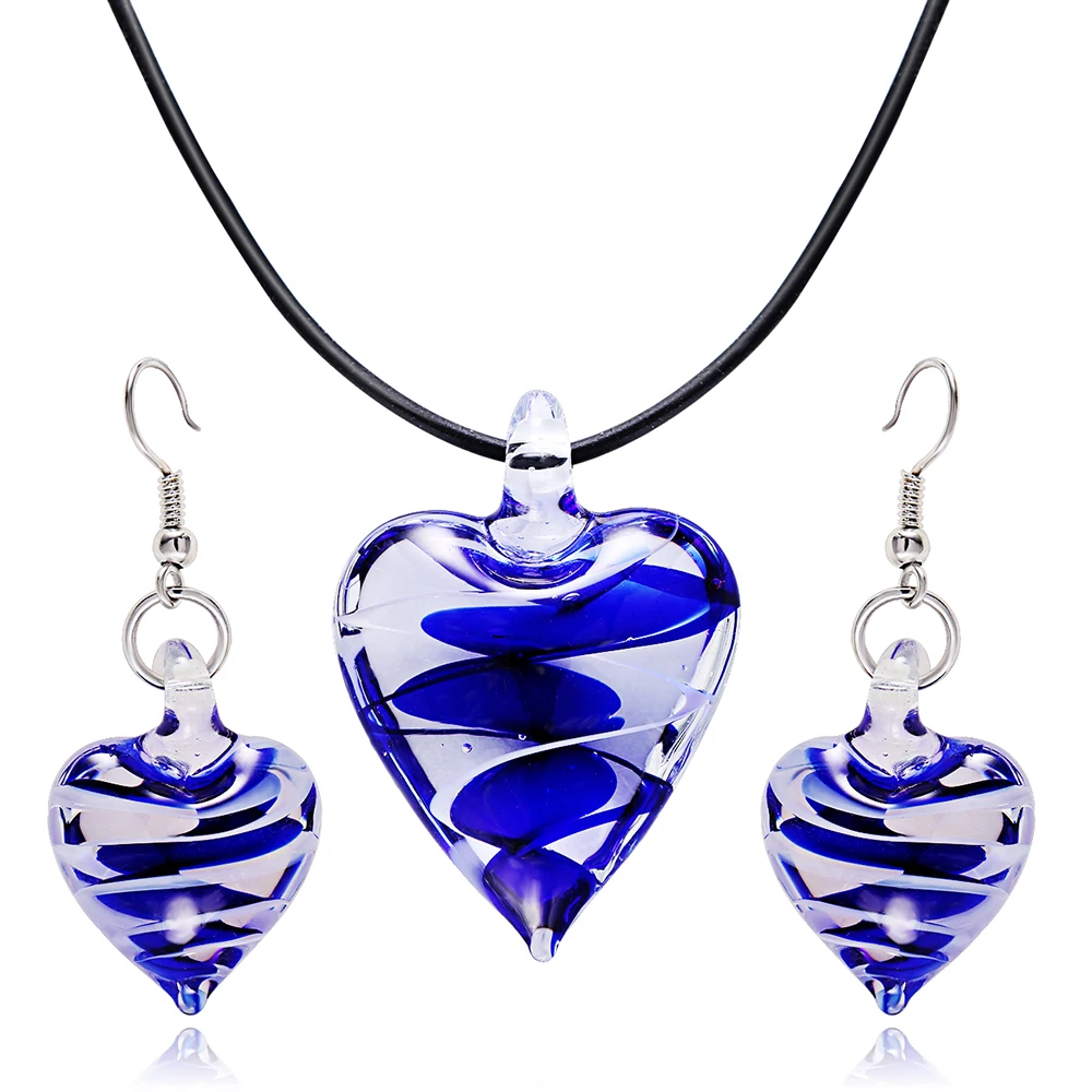 2019 HF JEL Murano Glass Blue Heart Pendant Necklace Earring Jewelry Sets for Women Girl Lampwork Fashion Jewelry Party Gift