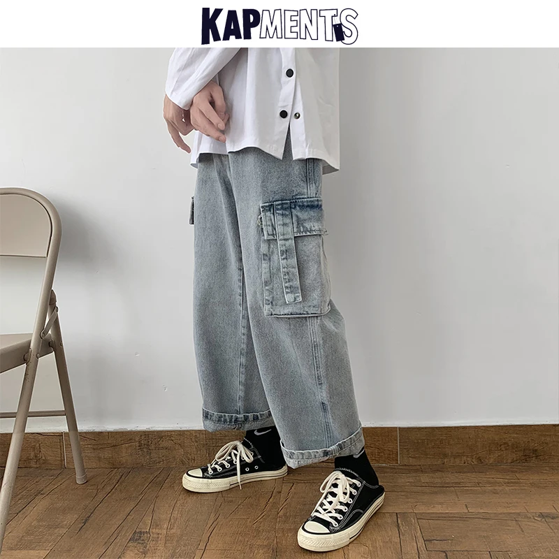 KAPMENTS Vintage Mens Pockets Harajuku Baggy Jeans Pants 2023 Men Streetwear Hip Hop Denim Jeans Male High Waist Wide Leg Pants