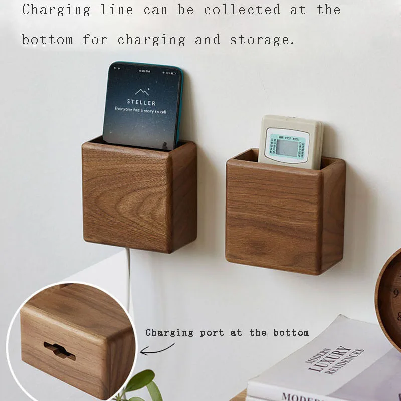 Amgoth Wood Multifunctional Wall-Mounted Remote Control Storage Box Punch-free Mobile Phone Remote Control Storage Box Holder