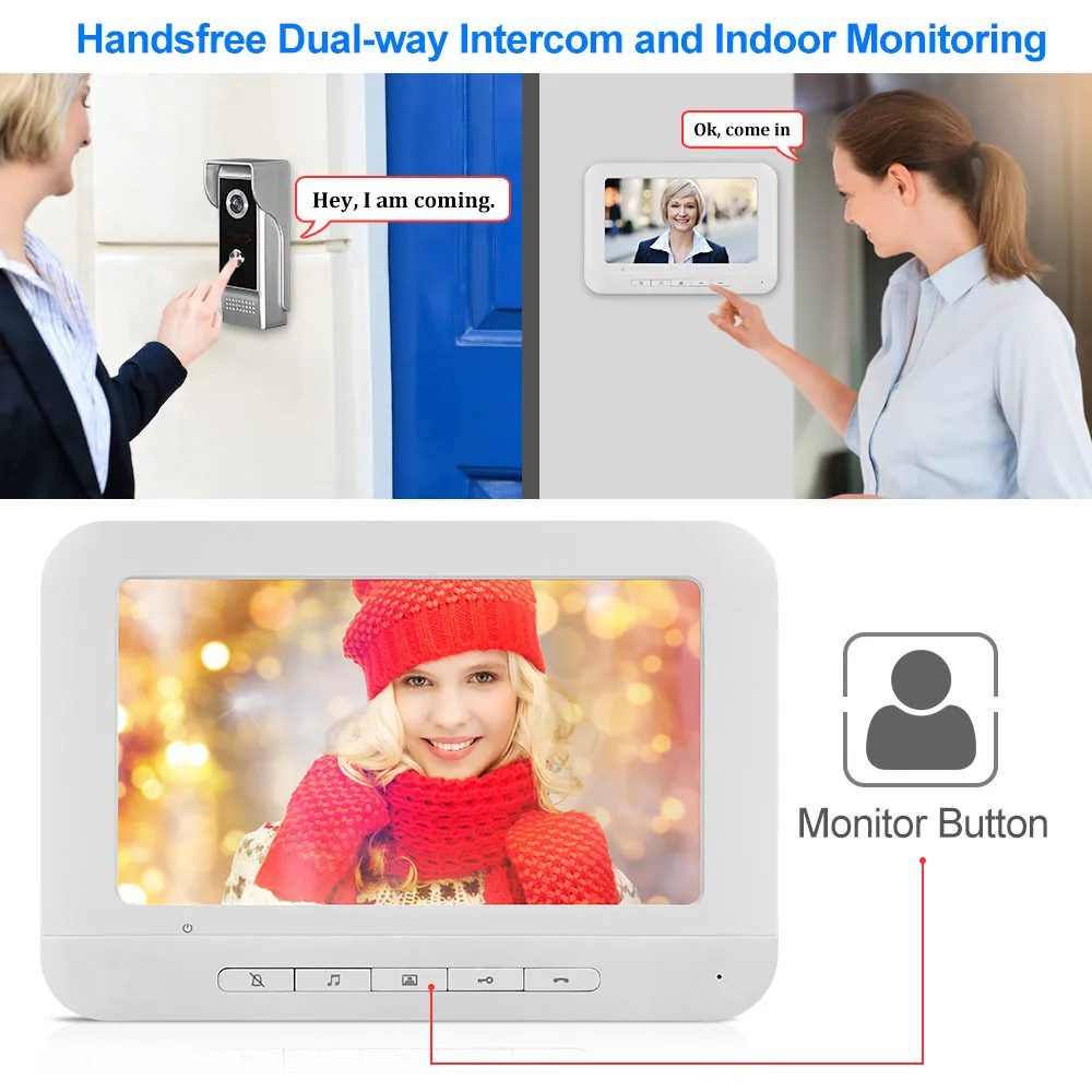 Wired Video Doorbell Intercom System 7 inch Color Monitor Panel with Night Vision Video Camera Door Phone Two-way Audio Home Use