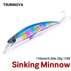 TSURINOYA 110S Sinking Minnow NEW COLOR DW77 110mm 22g Large Trout Pike Seabass Sea Fishing Artificial Hard Bait Jerkbait Wobble